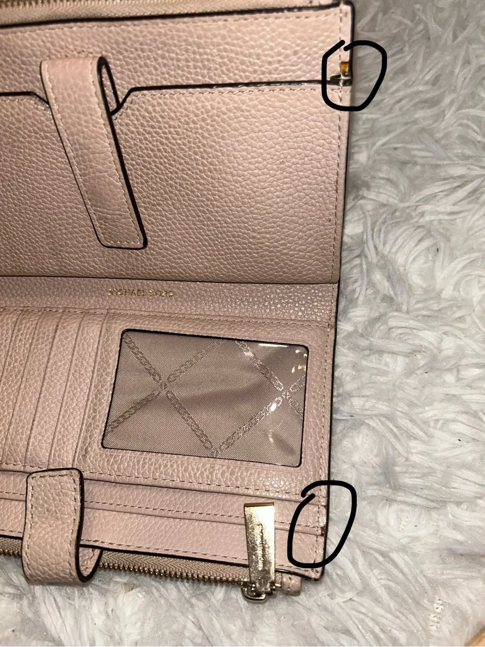 Michael Kors pebbled leather wristlet wallet pinkish tan with gold-tone hardware